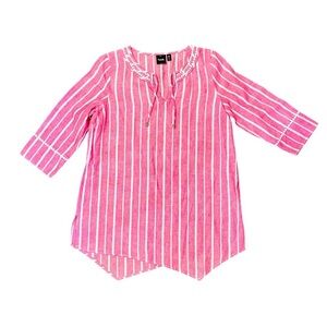 Rafaella 100% linen 3/4 sleeve tunic shirt or swim cover SZ S pink white stripe